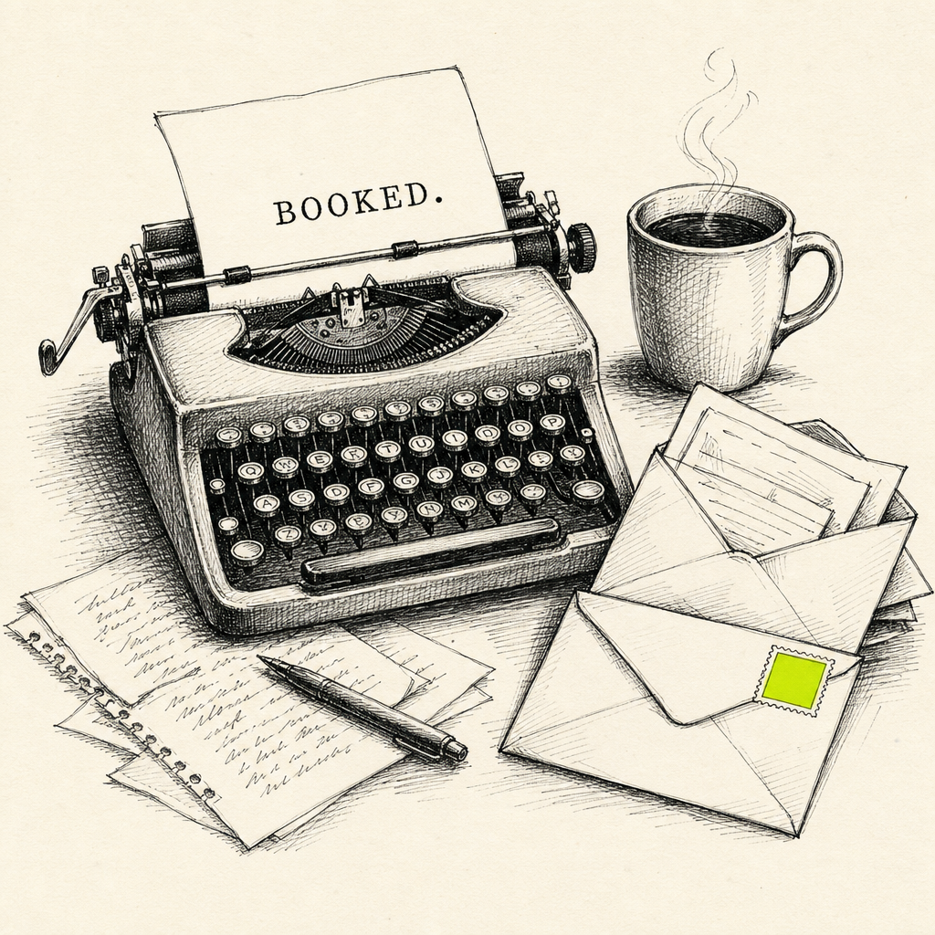 Pen and ink illustration of a vintage typewriter rolling out a sheet that reads BOOKED, with coffee, handwritten notes, and stacked envelopes with a chartreuse stamp
